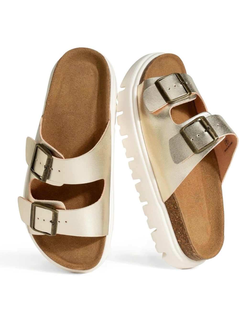 Show how  Metallic Gold Double Buckle Slide Sandals size 9.5